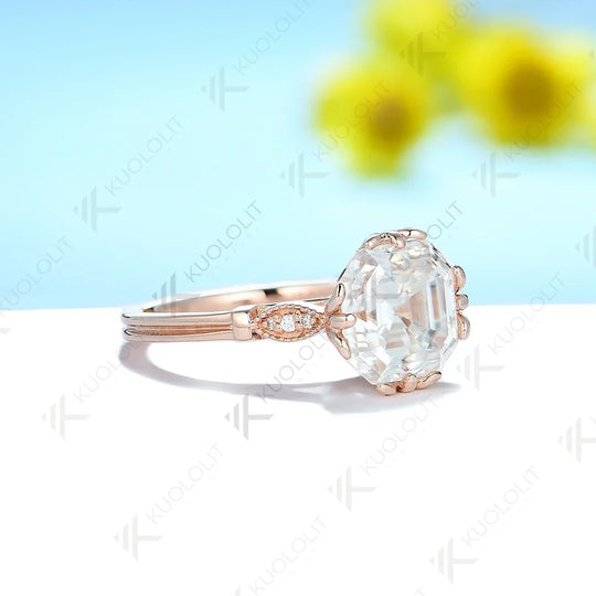 Kuololit 2.5ct Asscher Cut Moissanite Rings for Women PT950 Solid 14K 10K Rose Gold Solitaire Ring for Engagement Christmas Gift