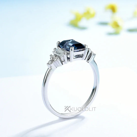 Kuololit 1CT Emerald Cut Blue Moissanite Ring for Women Solid 14K 10K White Gold