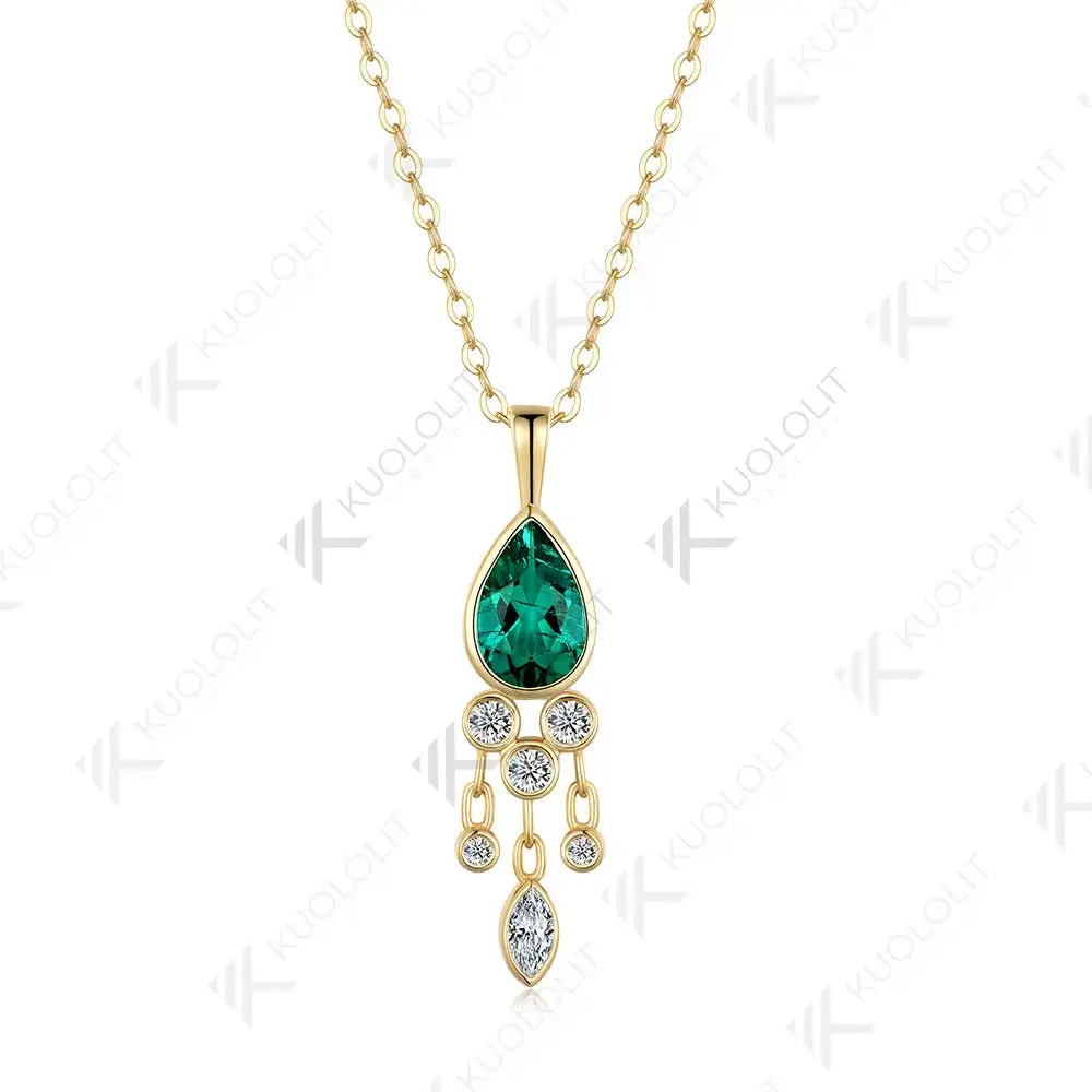 Kuololit 1.6CT Lab Grown Emerald and Moissanite Necklace for Women Solid 18K 14K 10K 585 Yellow Gold Pear Pendant for Christmas