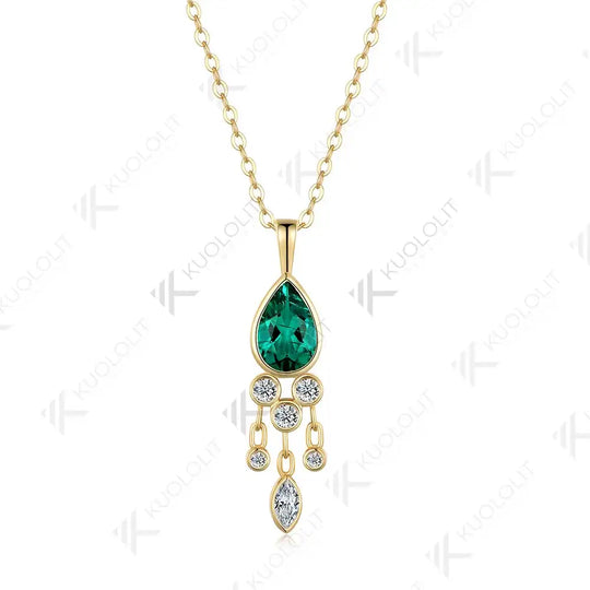 Kuololit 1.6CT Lab Grown Emerald and Moissanite Necklace for Women Solid 18K 14K 10K 585 Yellow Gold Pear Pendant for Christmas