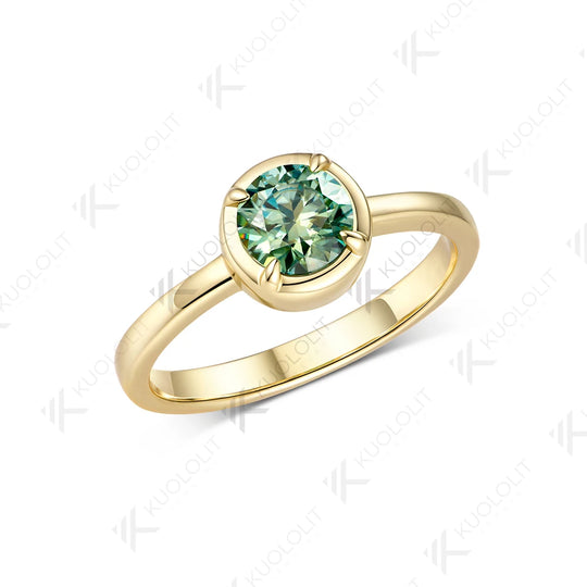 Kuololit 0.8CT Cyan Moissanite Round Ring for Women Solid 14K 10K 585 Yellow Gold Engagement Ring for Christmas Gift Party