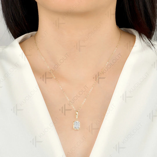 Kuololit 3.5ct Emerald Cut Moissanite Custom Necklace for Women Solid 585 14K 10K Yellow Gold Necklace for Christmas Gifts Party