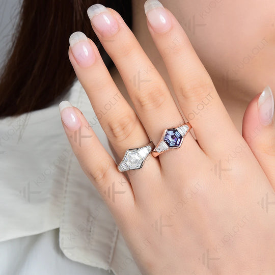 Kuololit 1.5CT Lab Grown Alexandrite Moissanite Engagement  Ring for Women Solid 18K 14K 10K 585 Rose Gold Ring for Christmas