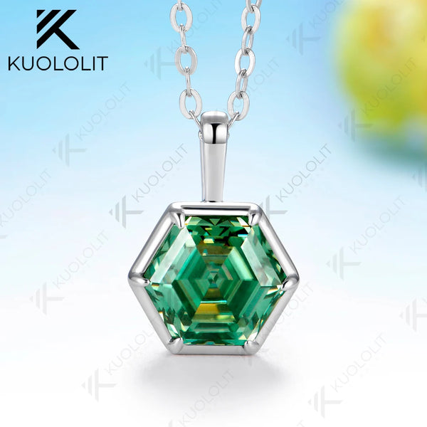 Kuololit 1.5CT Cyan Moissanite Hexagon Necklace for Women Solid 585 14K 10K Yellow Gold Ring for Engagement Christmas GiftsParty