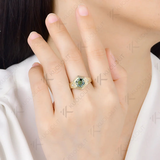 Kuololit 2CT Cyan Moissanite Custom Ring for Women Solid 14K 10K Yellow Gold Heaxgon Ring for Anniversary Christmas Gift Party