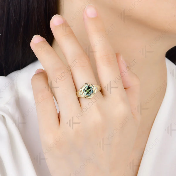 Kuololit 2CT Cyan Moissanite Custom Ring for Women Solid 14K 10K Yellow Gold Heaxgon Ring for Anniversary Christmas Gift Party