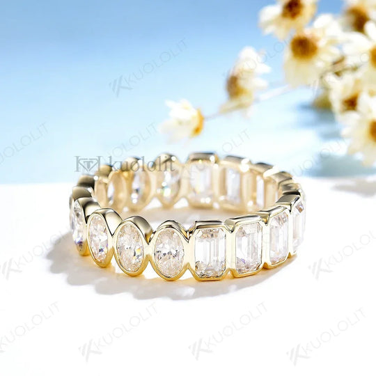 Kuololit 6.3CTW Emerald and Oval Moissanite Rings for Men Women Yellow Gold 18K 14K 10K Sliver Band Ring for Engagement Wedding