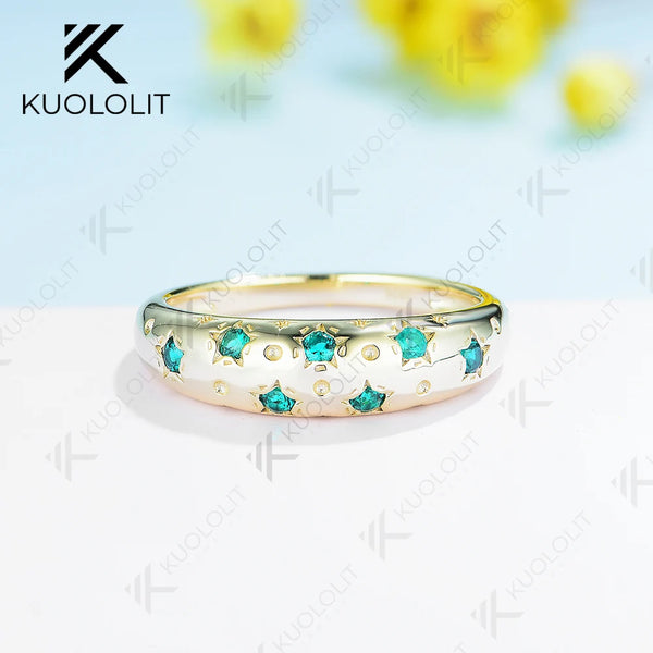 Kuololit 0.21CTW Lab Grown Emerald Starburst Band Rings Engagement Rings for Women Men Solid 14K Gold for Wedding Christmas Gift
