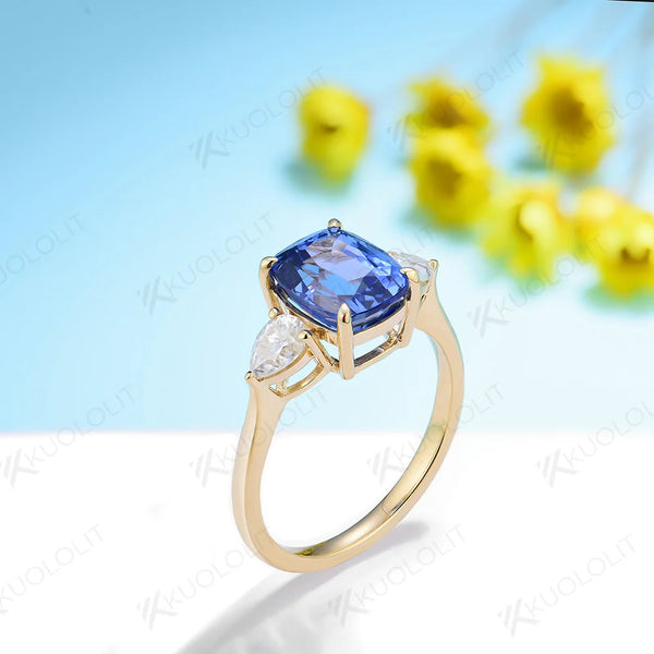 Kuololit 3CT Cushion Lab Grown Blue Sapphire Rings for Women Moissanite Solid 14K 10K 585 Gold for Engagement Wedding Christmas