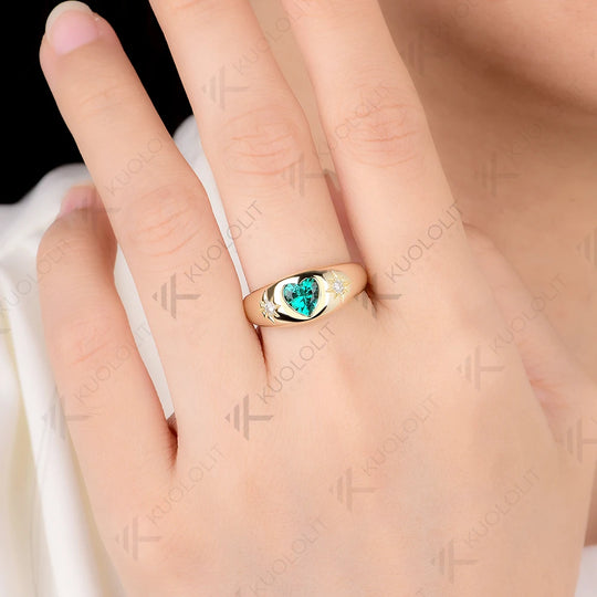 Kuololit 0.8CT Lab Grown Emerald Diamonds Ring for Women Solid 14K 10K 585 Yellow Gold Heart Ring for Anniversary Christmas Gift