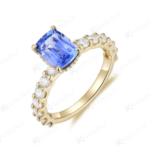 Kuololit 2CT Lab Grown Blue Sapphire Rings for Women Moissanite Solid 14K 10K 585 Yellow Gold for Engagement Wedding Christmas