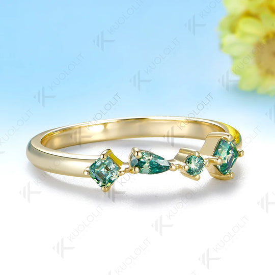 Kuololit 0.46CTW Cyan Moissanite Asscher Cut Custom Wedding Band Ring for Women Solid 14K 10K  Yellow Gold Ring for Anniversary Christmas Gift