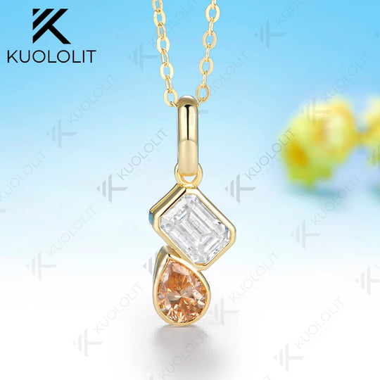 Kuololit 1.8CTW Champagne Moissanite or Lab Pink Sapphire Necklace for Women Solid 14K 10K 585 Yellow Gold Necklace for Christmas Gifts Party