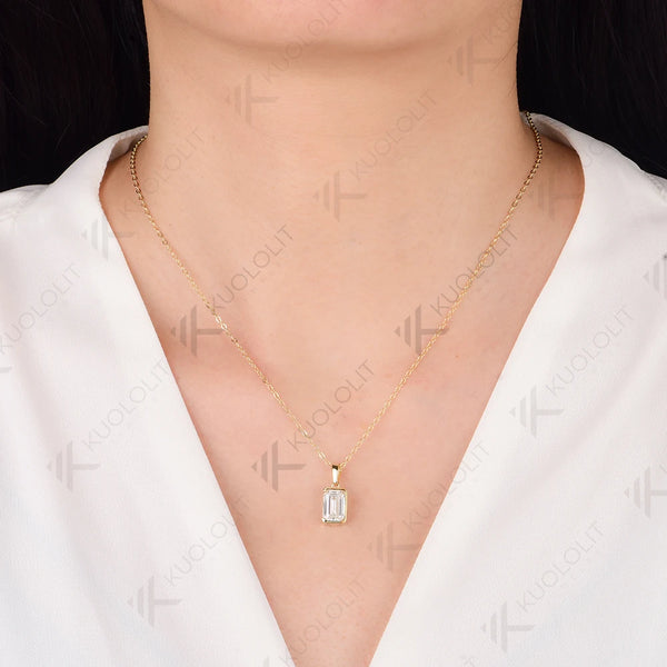 Kuololit 2.5CTW Emerald Moissanite Necklaces for Women Solid 18K 14K 10K 585 Yellow Gold Half Bezel Set Earriings for Christmas