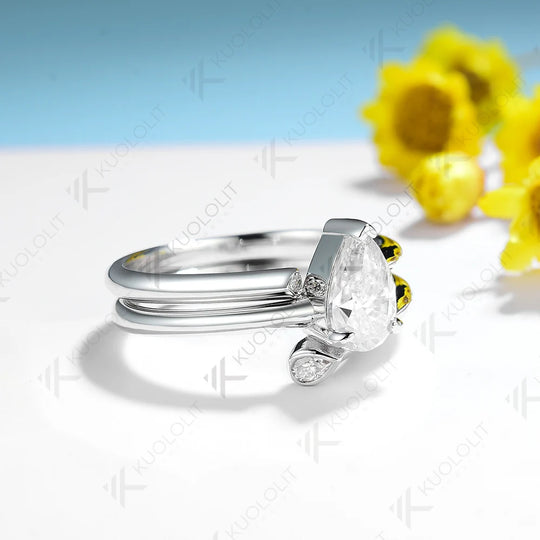 Kuololit 1CT Moissanite Ring for Women Solid 18K 14K 10K 585 White Gold Pear Set Ring for Engagement Christmas Anniversary Gift