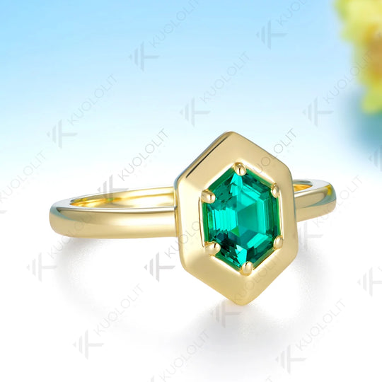 Kuololit 1CT Lab Grown Emerald Hexagon Cut Custom Ring for Women Solid 14K 10K 585 White Gold Ring for Engagement Christmas Gifts