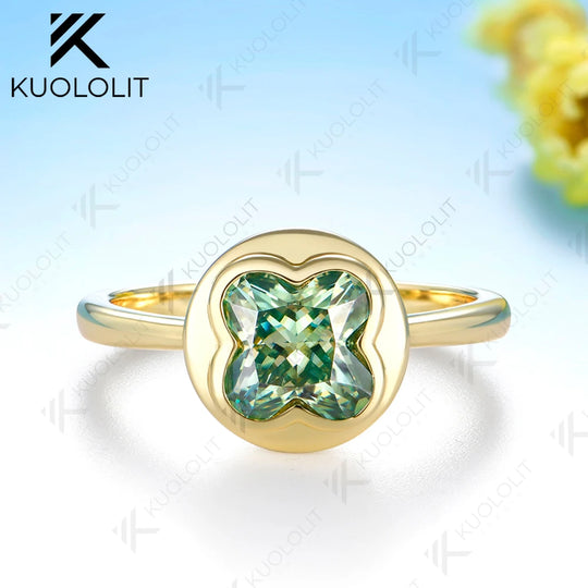 Kuololit 1.5CT Four Leaf Clover Cut Unique Ring for Women Solid 14K 585 Yellow Gold Engagement Ring for Christmas Gift Party