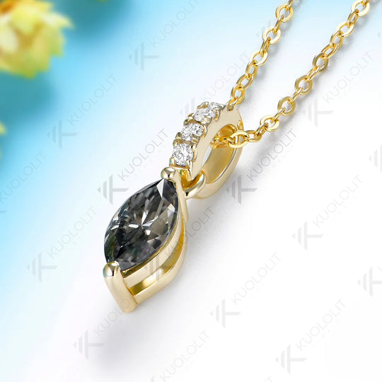 Kuololit 1CT Gray Moissanite Custom Necklace for Women Solid 585 14K 10K Yellow Gold Marquise Necklace for Christmas Gifts Party