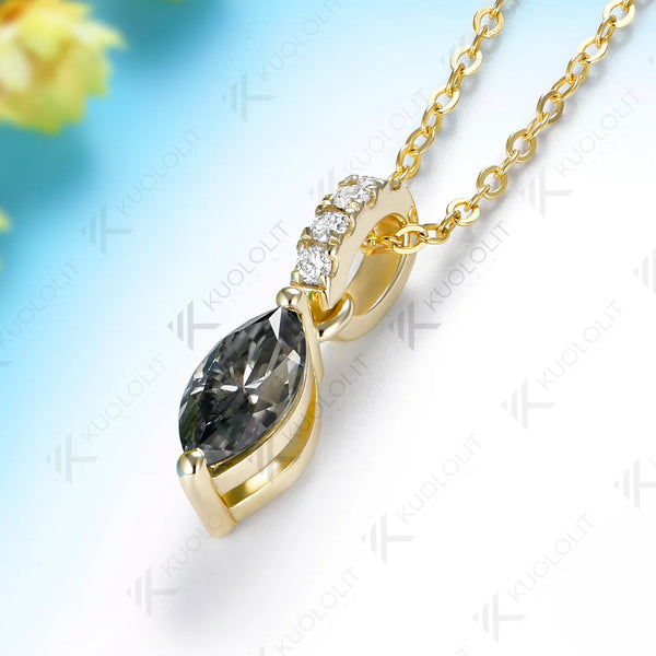 Kuololit 1CT Gray Moissanite Custom Necklace for Women Solid 585 14K 10K Yellow Gold Marquise Necklace for Christmas Gifts Party