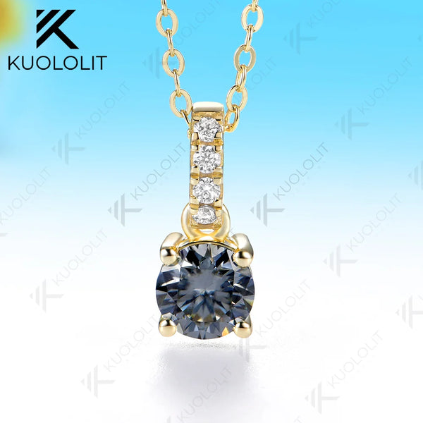 Kuololit 1CT Gray Moissanite Custom Necklace for Women Solid 585 14K 10K Yellow Gold Round Necklace for Christmas Gifts Party