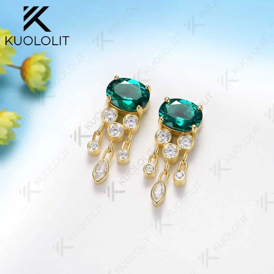 Kuololit 3.7CTW Lab Grown Emerald with Moissanite Stud Earrings for Women Solid 14K 10K 585 Gold Earrings for Christmas Gifts