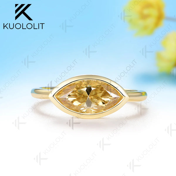 Kuololit 2CT Champagne Marquise Moissanite Custom Set Ring for Women Solid 14K 10K 585 Yellow Gold for Christmas Gifts Party