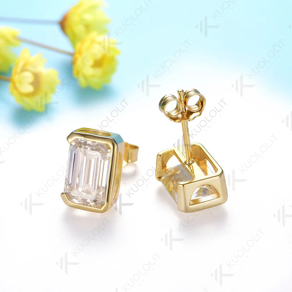 Kuololit 5CTW Emerald Moissanite Stud Earirngs for Women Solid 18K 14K 10K585 Yellow Gold Half Bezel Set Earriings for Christmas