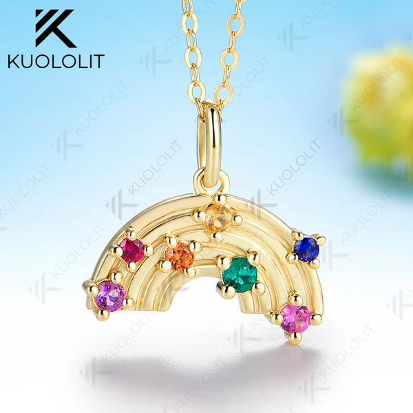 Kuololit Lab Grown Coloful Rainbow Gemstones Necklace for Women Solid 585 14K 10K Yellow Gold Custom Necklace for Christmas Gift