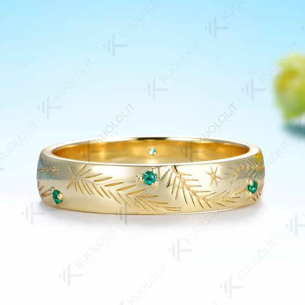 Kuololit 0.1CTW Lab Grown Emerald Band Custom Ring for Women Solid 14K 10K 585 Yellow Gold Leaf Ring for Christmas Gifts Party