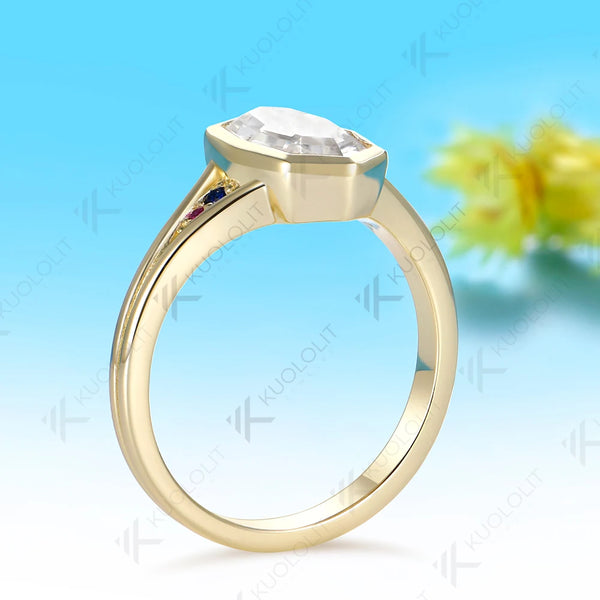 Kuololit 2CT Unique Portrait Cut Rhombus Moissanite Colorfull Custom Ring for Women Solid 14K 10K Yellow Gold for Christmas Gift