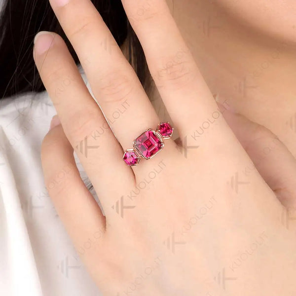 Kuololit 3.8CTW Lab Grown Ruby Rings for Women Solid 10K 585 Yelllow Gold Asscher Ring for Engagement Anniversary Christmas Gift