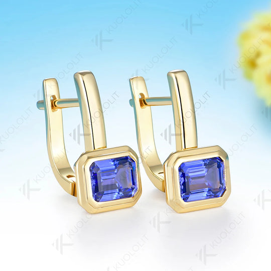 Kuololit 4CTW  Lab Grown Blue Sapphire Earrings for Women Solid 14K 10K Yellow Gold Hoop Clip Earrings for Christmas Gifts Party