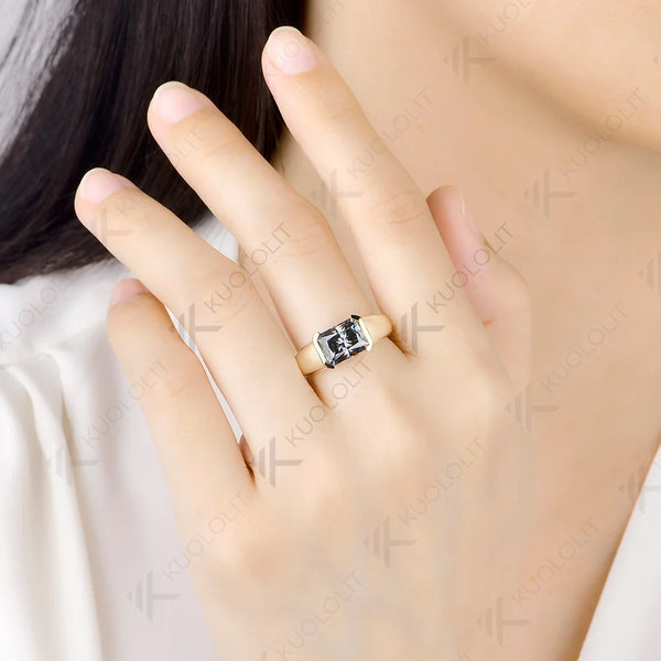 Kuololit 3CT Grey Moissanite Radiant Custom Ring for Women Solid 14K 10K 585 Yellow Gold Engagement Ring for Christmas Gifts