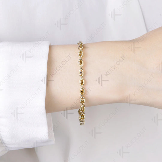 Kuololit 7.2CTW Champagne Moissanite Bracelet for Women Solid 14K 10K Yellow Gold Marquise Cut for Christmas Party Luxury Gifts
