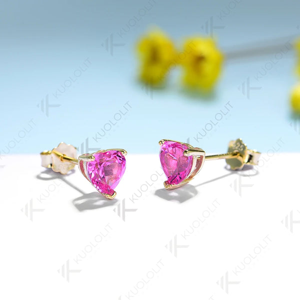 Kuololit 2.4CTW Lab Grown Padparadscha Heart  Earrings for Women Pure 18K 14K 10K Gold Stub Gemstone Earrings Anniversary Gifts