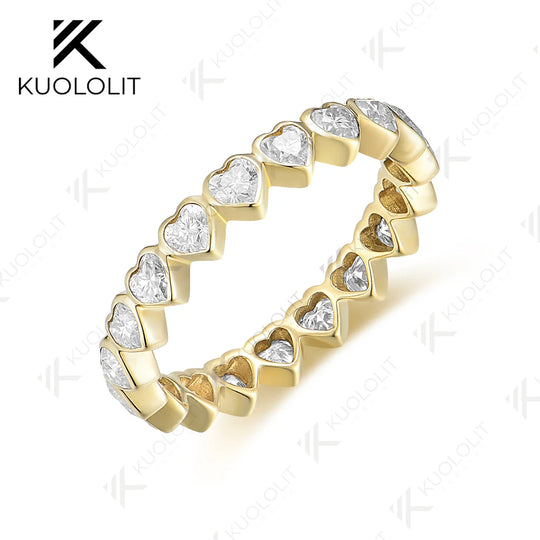 Kuololit 1CTW Heart Moissaniote Band Rings for Women Solid 14K 10K 585 Full Eternity Band for Wedding Engagement Classsic