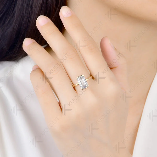 Kuololit 4CT Moissanite Custom Ring for Women Solid 14K 10K 585 Yellow Gold Emerald Cut Engagement Ring for Christmas Wedding
