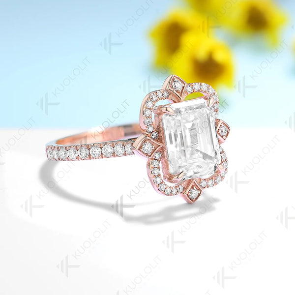 Kuololit 3CT Moissanite Engagement Ring for Women Solid 18K 14K 10K 585 Yellow Gold Emerald Ring for Anniversary Christmas Gifts