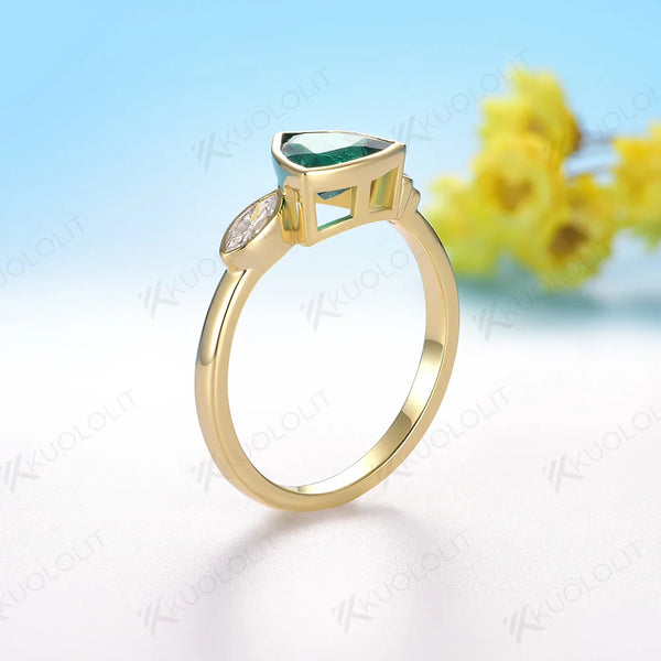 Kuololit 1.2CT Lab Grown Emerald Jellyfish Ring for Women Solid 18K 14K 10K 585 Yellow Gold Moissanite Ring for Christmas Gifts