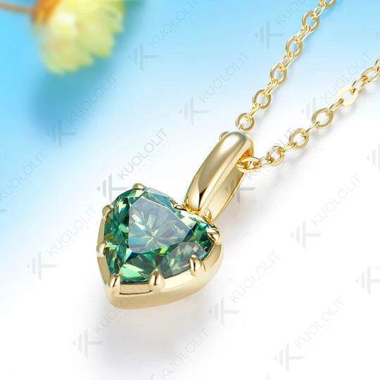 Kuololit 2CT Heart Cut Cyan Moissanite Necklace for Women Solid 585 14K 10K Yellow Gold  Necklace for Christmas Gifts Party