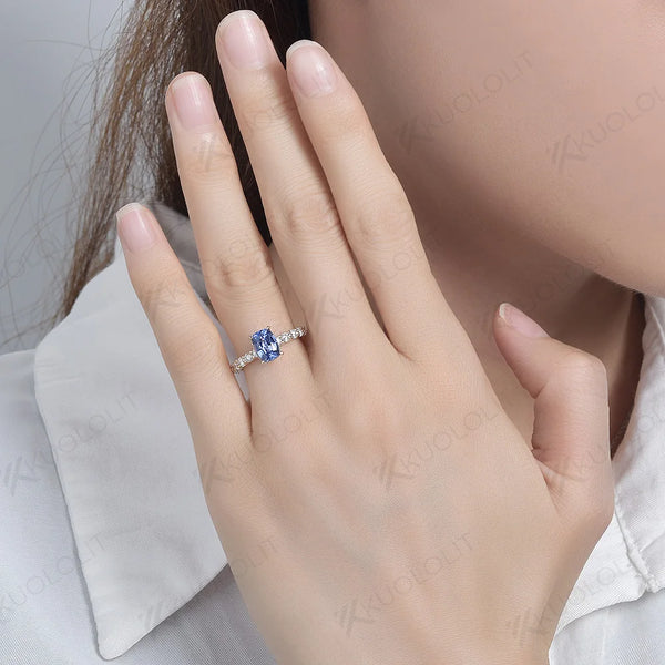 Kuololit 2CT Lab Grown Blue Sapphire Rings for Women Moissanite Solid 14K 10K 585 Yellow Gold for Engagement Wedding Christmas