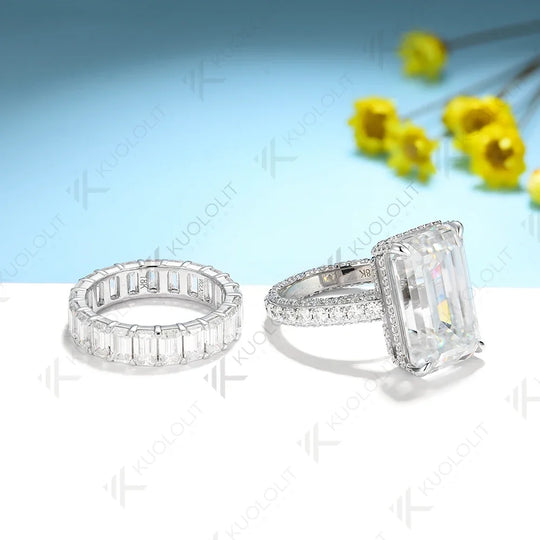 Kuololit 8.8CTW Moissanite Band Rings for Women PT950 Soild 14K 10K White Gold Emerald Luxury Band for Engagement Wedding Christmas