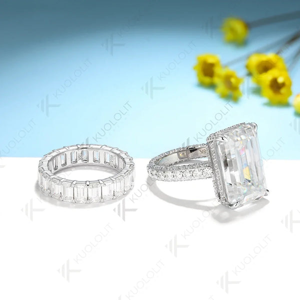 Kuololit 8.8CTW Moissanite Band Rings for Women PT950 Soild 14K 10K White Gold Emerald Luxury Band for Engagement Wedding Christmas