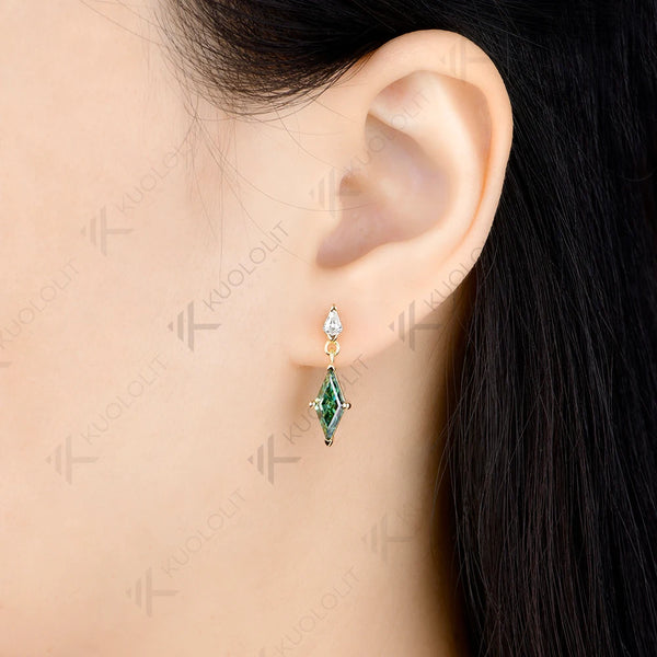 Kuololit 2.4CTW Cyan Moissanite Custom Clip Earrings for Women Solid 14K10K585 Yellow Gold Rhombus Cut for Christmas Gifts Party