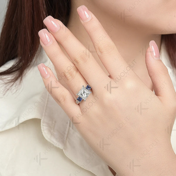 Kuololit3CT Priness Cut Moissanite Engagement Ring for Women Solid18K14K10KWhite Gold Lab Blue Sapphire Ring for Christmas Gifts