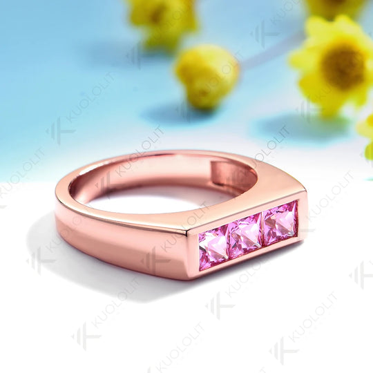 Kuololit 1.2CTW Lab Grown Pink Sapphire Princess Cut Ring for Women Solid 14K10K Rose Gold Eternity Half Band for Christmas Gift