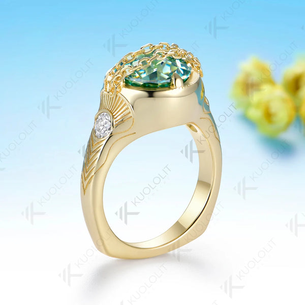 Kuololit 4CT Cyan Moissanite Jubilee Cut Custom Ring for Women Solid 14K 10K 585 Gold Engagement Chain Ring for Christmas Gifts