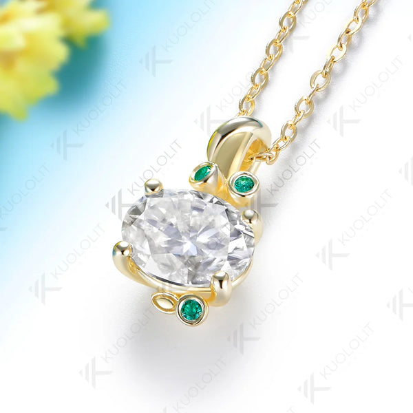 Kuololit 3CT Oval Moissanite Lab Emerald Custom Necklace for Women Solid 585 14K 10K Yellow Gold Necklace for Christmas Gifts