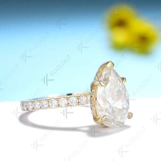 Kuololit 4CT Pear Cut Moissanite 14K 10K 585 Yellow Gold Rings for Women Pear D/VVS Moissanite Luxury Ring for Engagement Trends