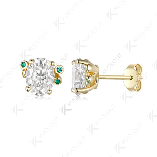 Kuololit 3CTW Oval Moissanite Lab Emerald Custom Stud Earrings for Women Solid 14K 10K 585 Yellow Gold for Christmas Gift Party